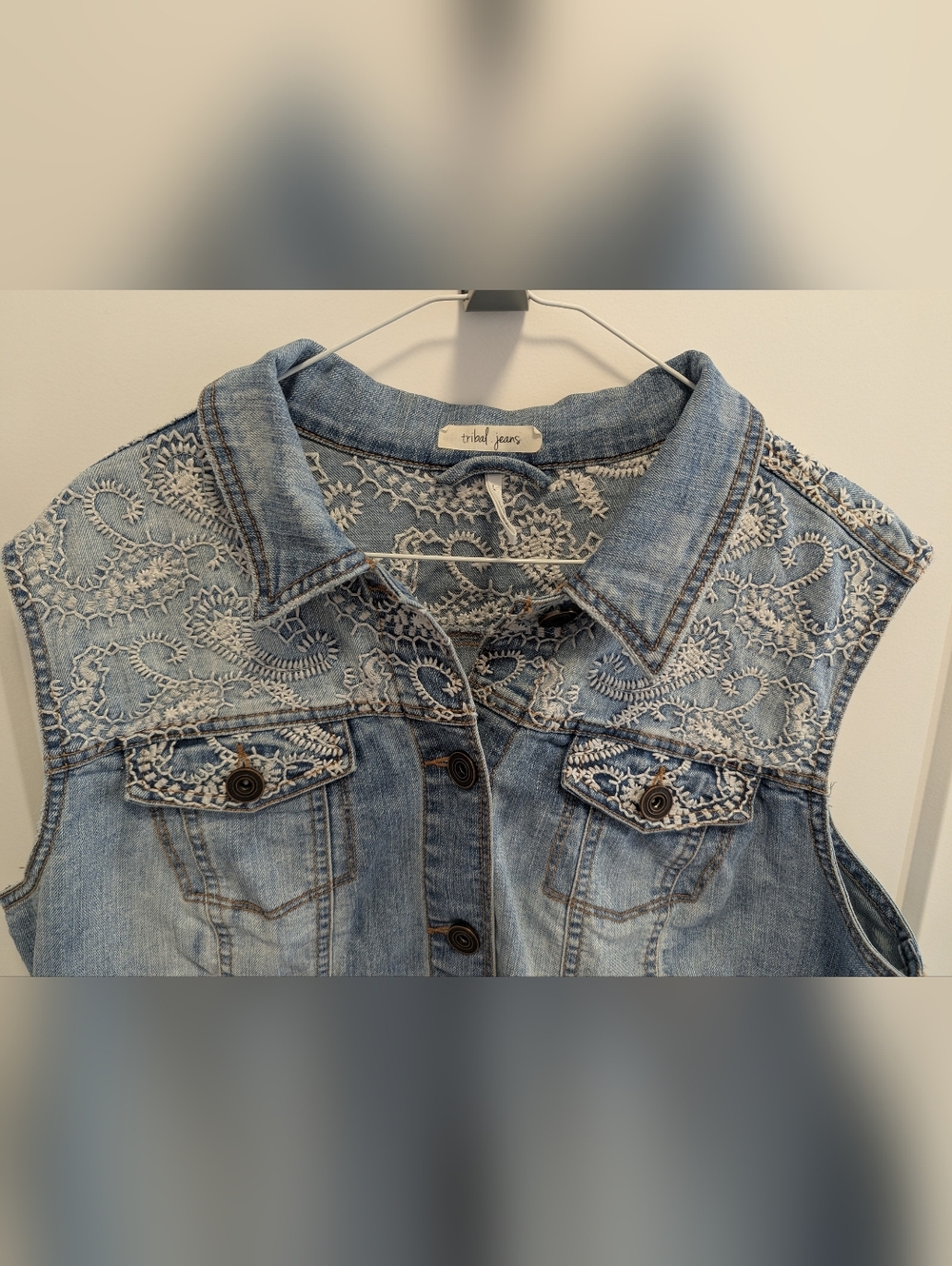 Tribal Light Wash Denim Vest with Lace Yoke - Picture 3 of 7